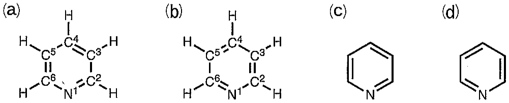 図1　ピリジンの構造式。N¹ や C²〜C⁶ の数字は，ピリジン環の窒素原子と炭素原子の番号付けを表す。
