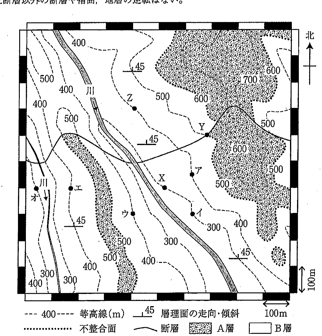 図1　ある地域の地形図と地質図