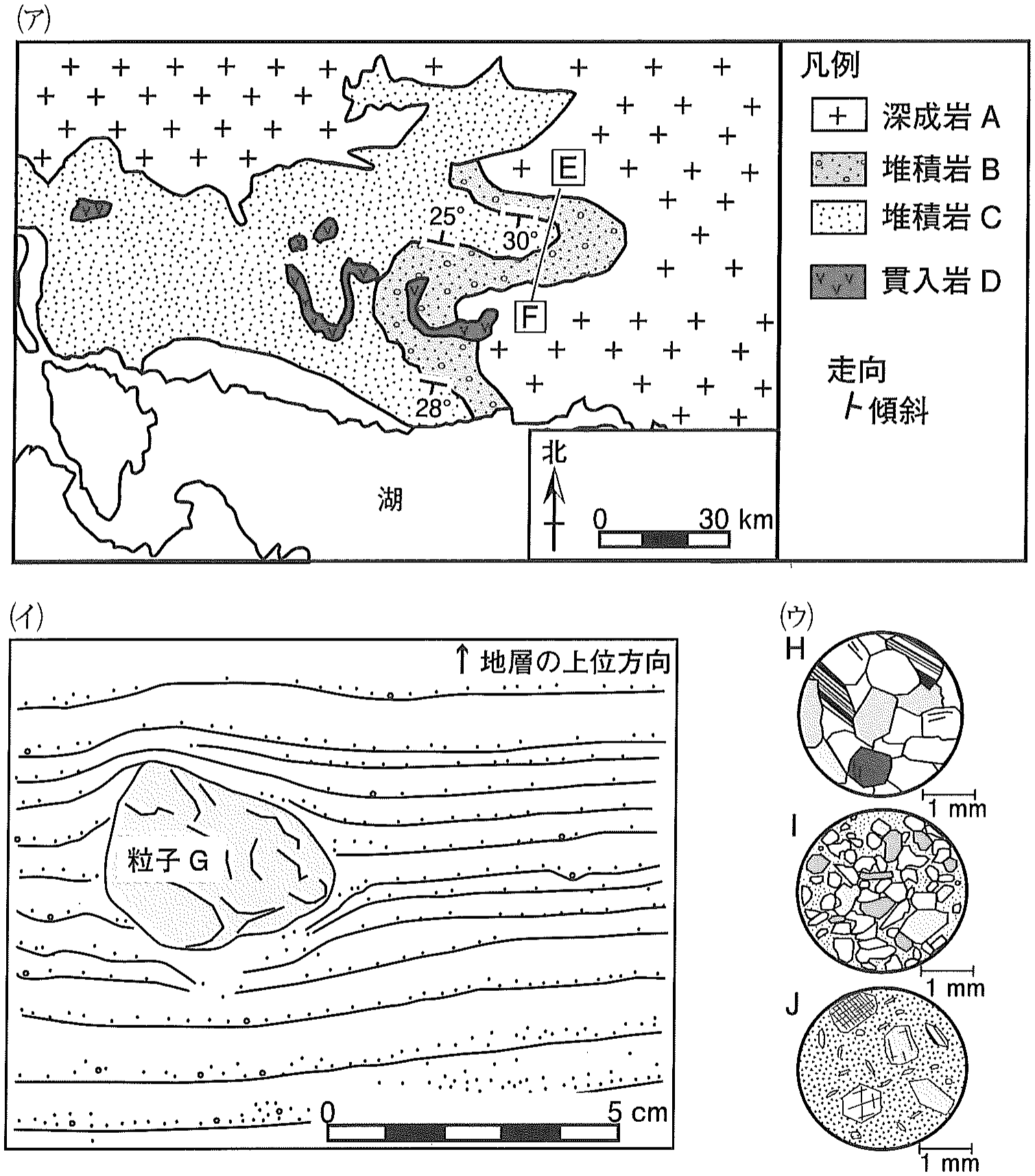 図1　(ア) ある実在する地域の地質図　(イ) 露頭スケッチ（堆積岩C）　(ウ) 偏光顕微鏡による岩石薄片のスケッチ（直交ニコル）