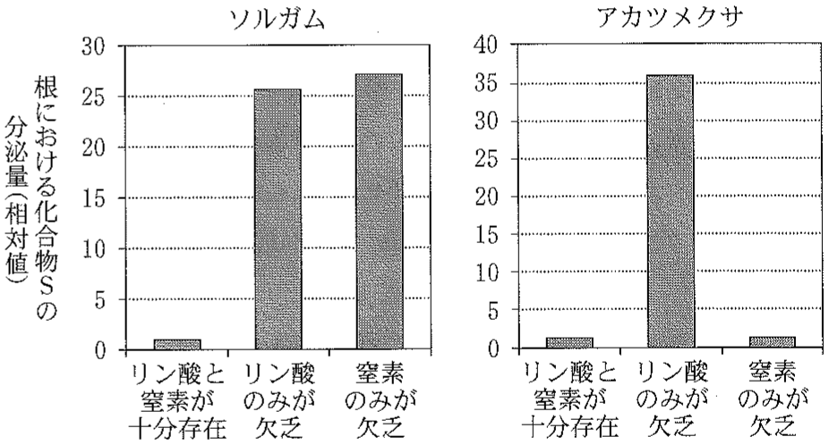 図2—2　無機栄養の欠乏が根における化合物 S の分泌量に及ぼす影響