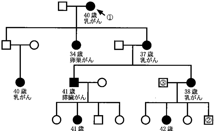 図1—5　生殖細胞に遺伝子 Y の病的な変異を有する遺伝性がん家系の一例