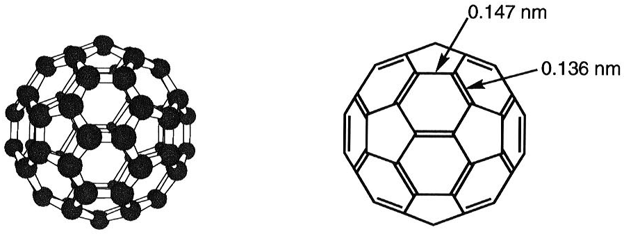 図3—1　\mathrmC_60 の分子模型（左）と構造式（右）