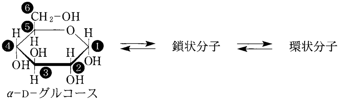 図3—1　\alpha-D-グルコース水溶液中の平衡混合物（簡略化のため，環を構成するC原子は省略してある）