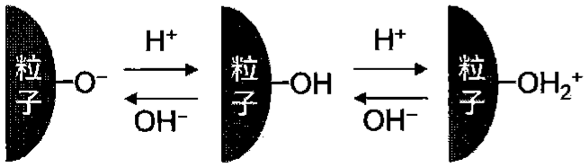 図3—5　粒子表面のヒドロキシ基とコロイド溶液中の水素イオン，水酸化物イオンの可逆反応