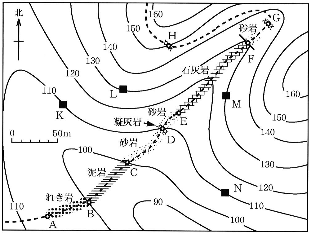 図3—2　調査地域の地形図と地層の分布　実線は等高線を表わし，標高はメートルで示す。