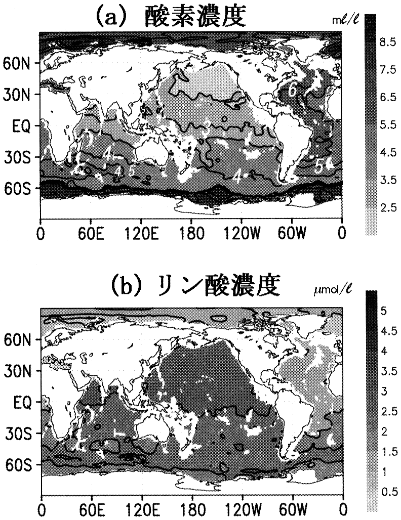 図2—1　深さ2500m付近における(a)酸素濃度(mℓ/ℓ)と(b)リン酸濃度(μmol/ℓ)の分布。等値線間隔は0.5で表示されている。