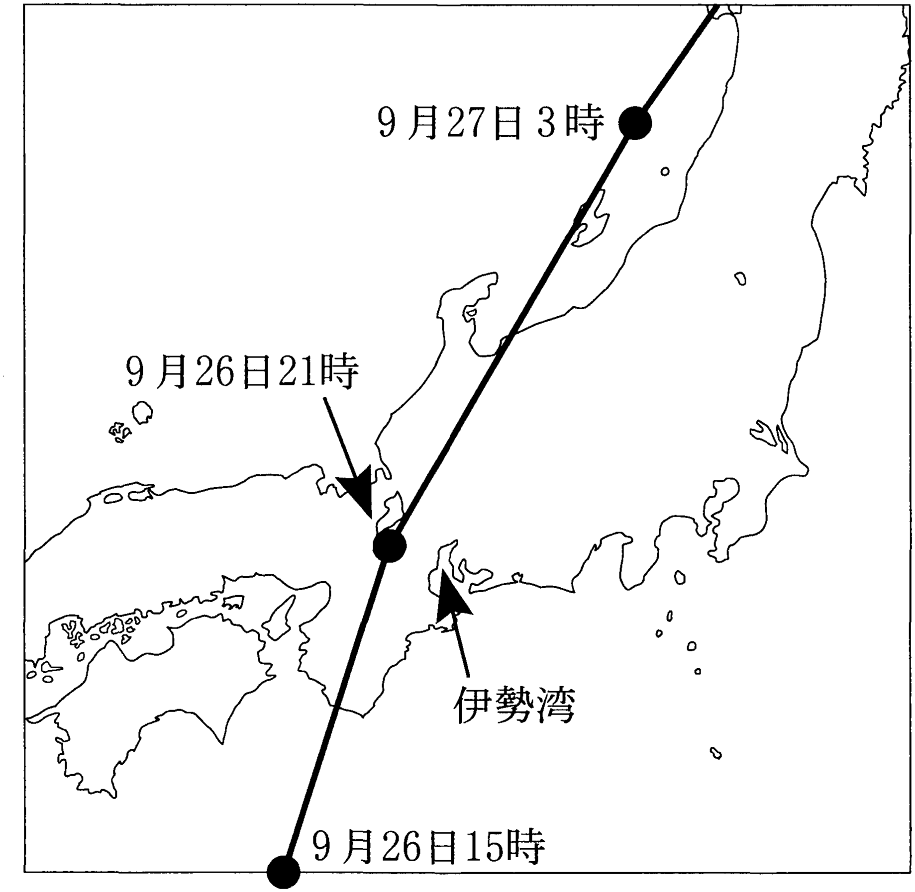 図2—1　1959年台風15号の各日時における中心位置とおおまかな進路
