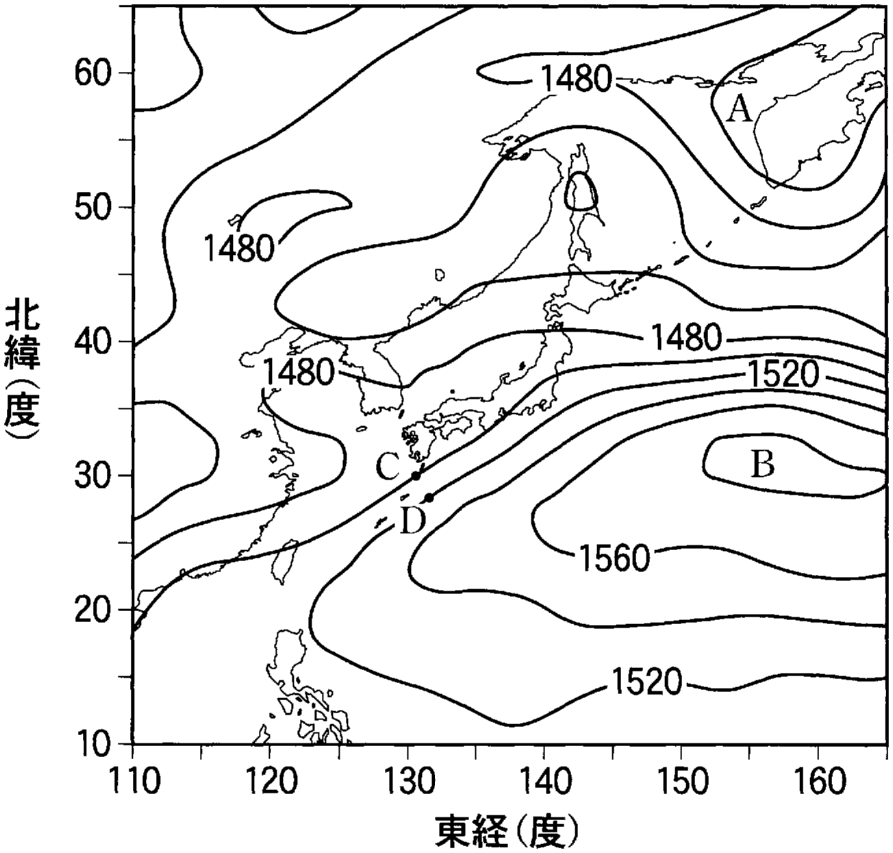 図2—1　梅雨期のある日の850 hPaにおける高層天気図。等圧面等高線（単位 m）は等間隔である。