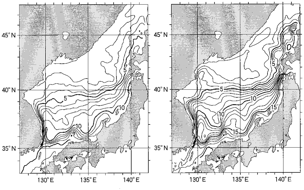 図2—3(a)　日本海の海面下 100\,m における水温分布。5 月（左），11 月（右）。等温線の間隔は 1 ℃。