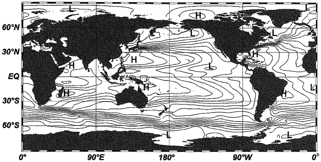 図2—2　長期平均した海面高度分布（等値線間隔0.1 m，H：極大，L：極小）