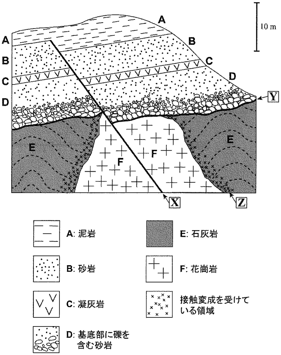 図3—2　ある露頭の地質スケッチ。なお石灰岩中に見られる破線は，層理面を示す。