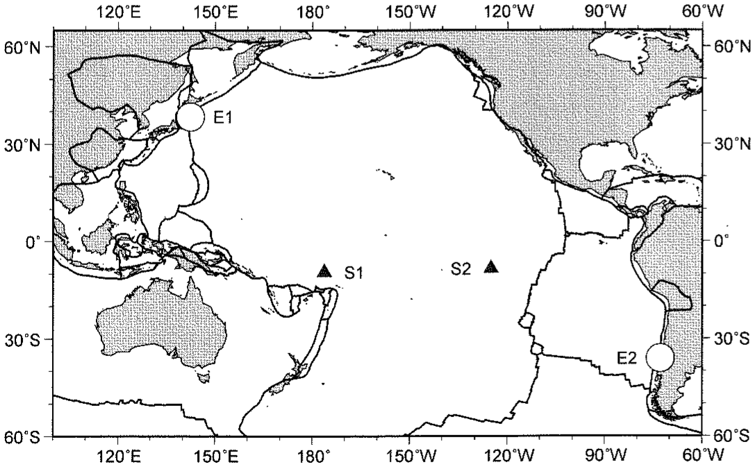図2—4　太平洋を中心とする海陸分布とプレート境界