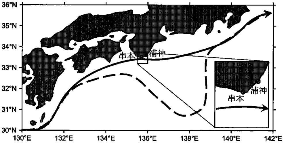 図2—3　黒潮の非大蛇行期（実線）と大蛇行期（破線）の流路の模式図