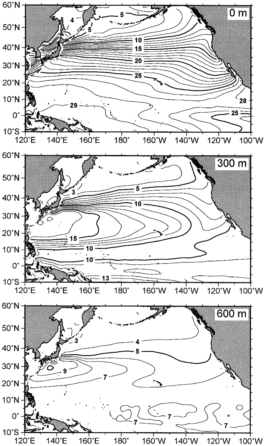 図2—2　海面ならびに深さ300，600 m における海水温の平均的な分布（単位：℃）