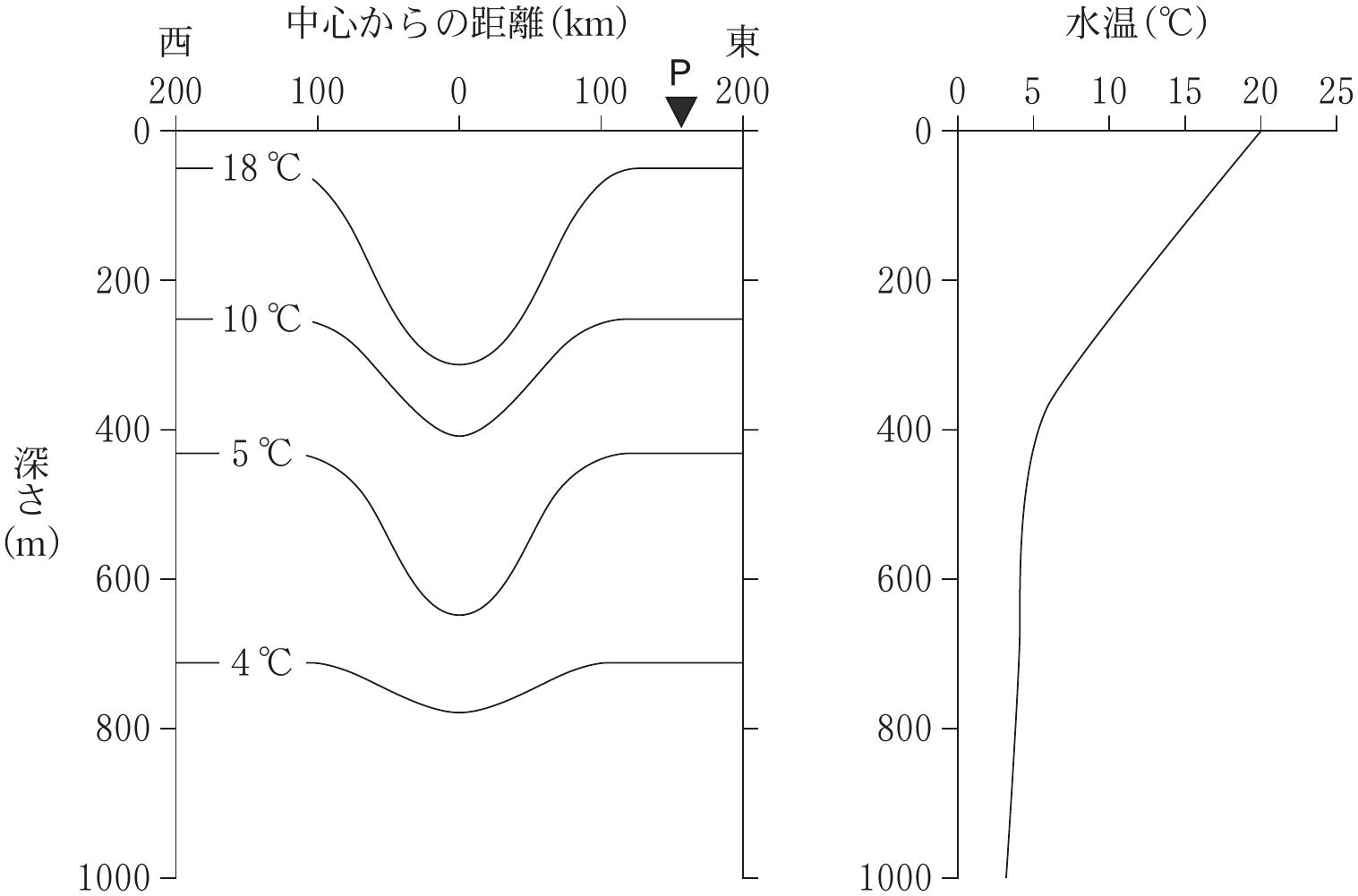 図2—2　暖水渦を東西に横切る線での水温の鉛直断面分布の模式図（左）と，左図に示す渦の東方の地点Pにおける水温の鉛直分布（右）